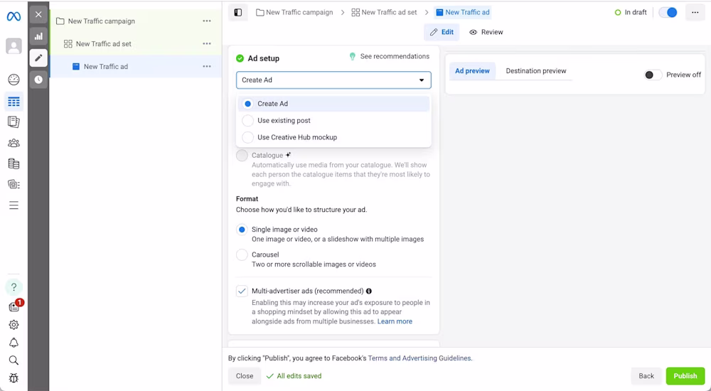 6. Selecione a opção Criar Anúncio na configuração do anúncio para criar um novo anúncio. Em seguida, escolha o formato de anúncio para estruturar o seu anúncio. Você pode optar por uma única imagem ou vídeo. Alternativamente, crie um anúncio de carrossel com 2 ou mais imagens roláveis.