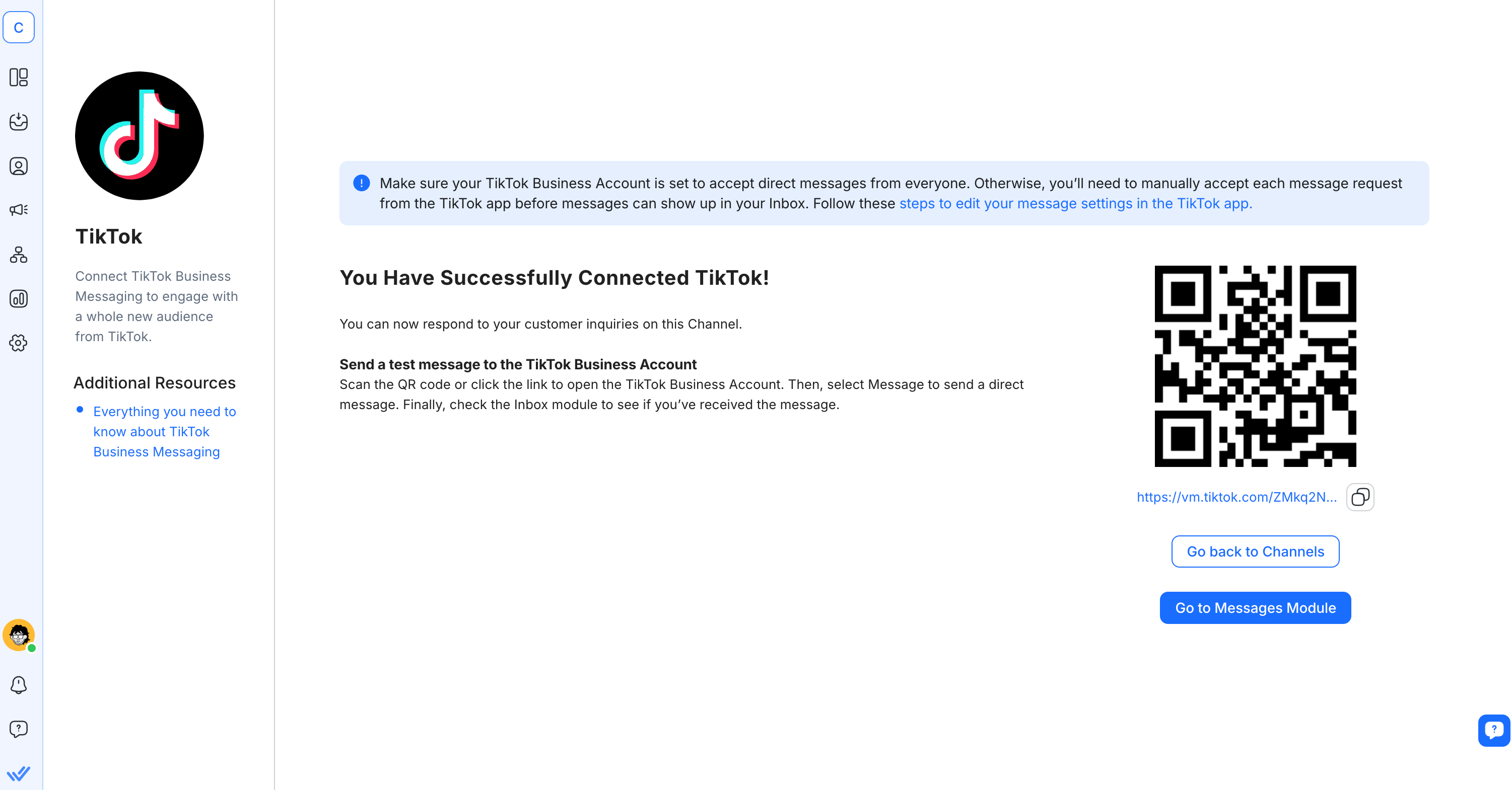 An image showing a TikTok account successfully connected to respond.io