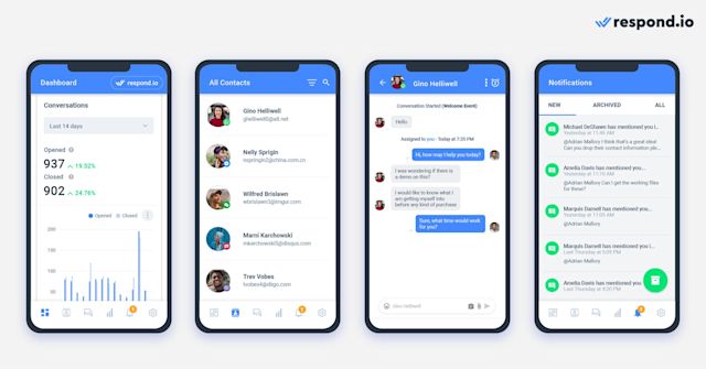 Image of 4 phone screens showing the Respond.io mobile app