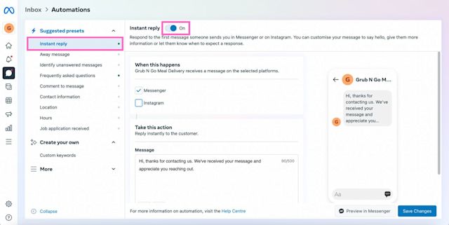 This image shows how to turn on instant reply on instagram