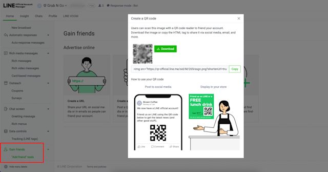 This is a screenshot that describes how to scan line qr code on line official account manager. After logging in, you need to click gain friends and then click add friend tools. Then, select create a qr code to generate web line login qr code. Download the scan line qr code to share it with your contacts.