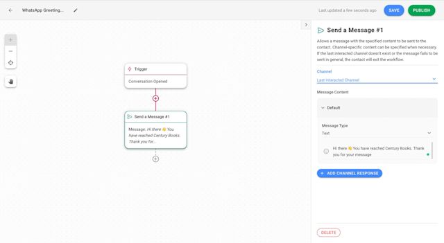 This is an image of how to set up a greeting message on WhatsApp Business App. WhatsApp treats greeting and away messages as separate features for easy switching between the two on the Business App. However, WhatsApp API users who integrate their accounts with a WhatsApp CRM like respond.io have far more flexibility when it comes to this.