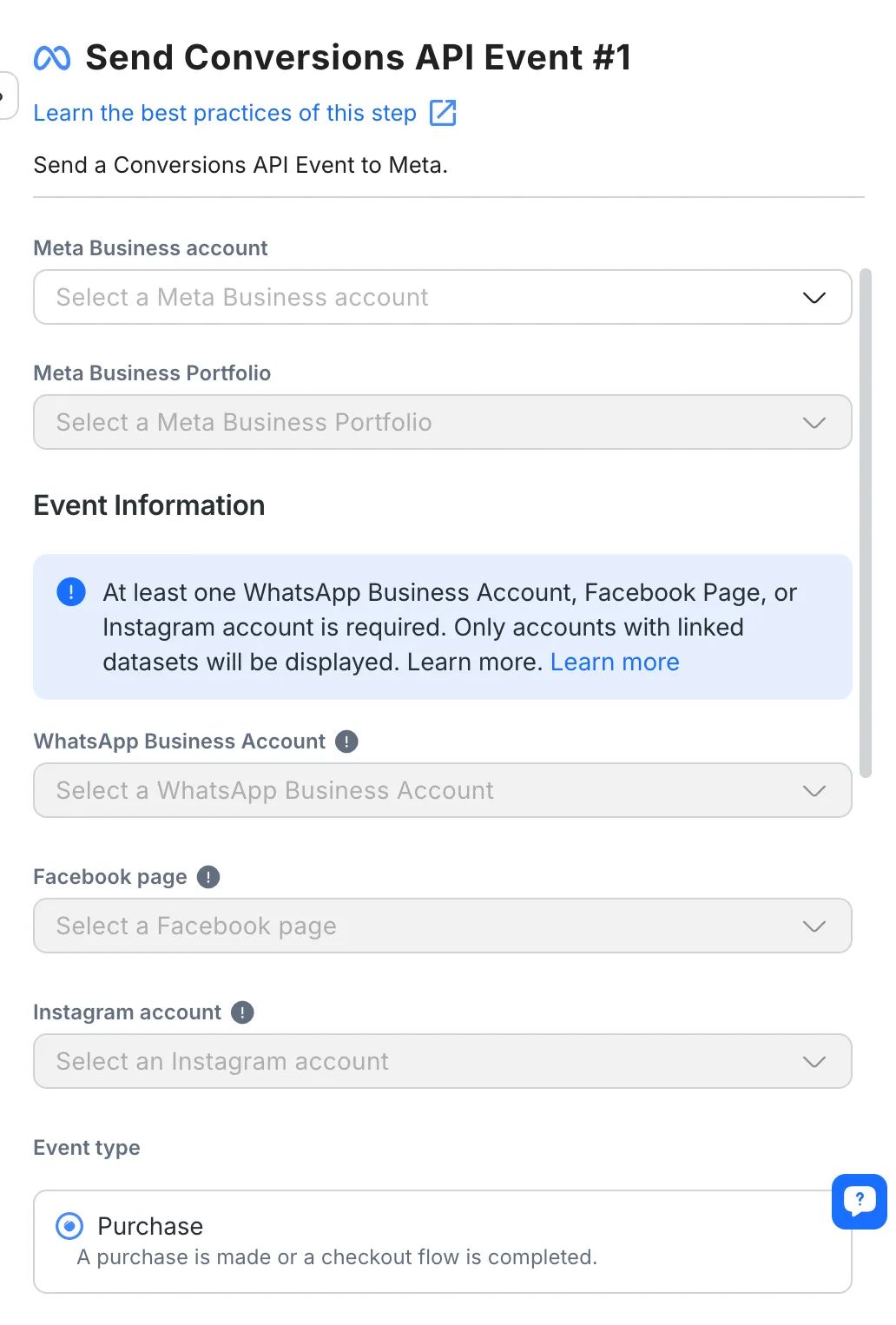 screenshot showing how to set up a CAPI event in respond.io