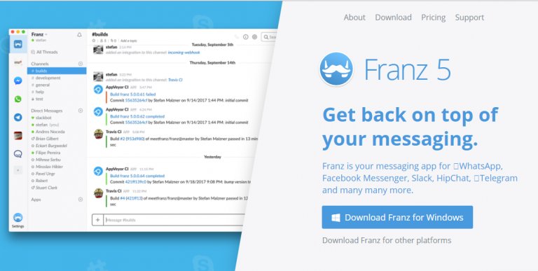 Capture d'écran de la page d'accueil de l'application de messagerie Franz