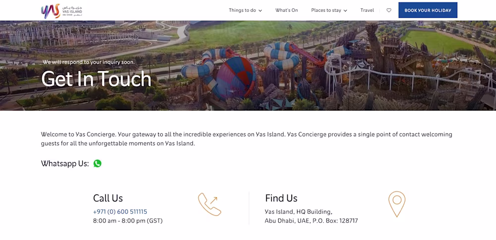 Esta es una imagen que muestra el enlace de chat de WhatsApp de Yas Island. Los visitantes de la isla de Yas tienen dos maneras de descubrir el canal. Pueden añadir el número que aparece en el sitio web de Yas Island y en la página de Facebook. O pueden usar el enlace de Chat de WhatsApp 