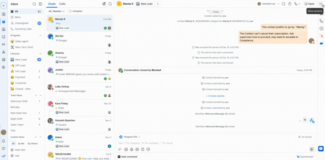 Shortcut button to trigger Workflow for a Contact in Inbox.