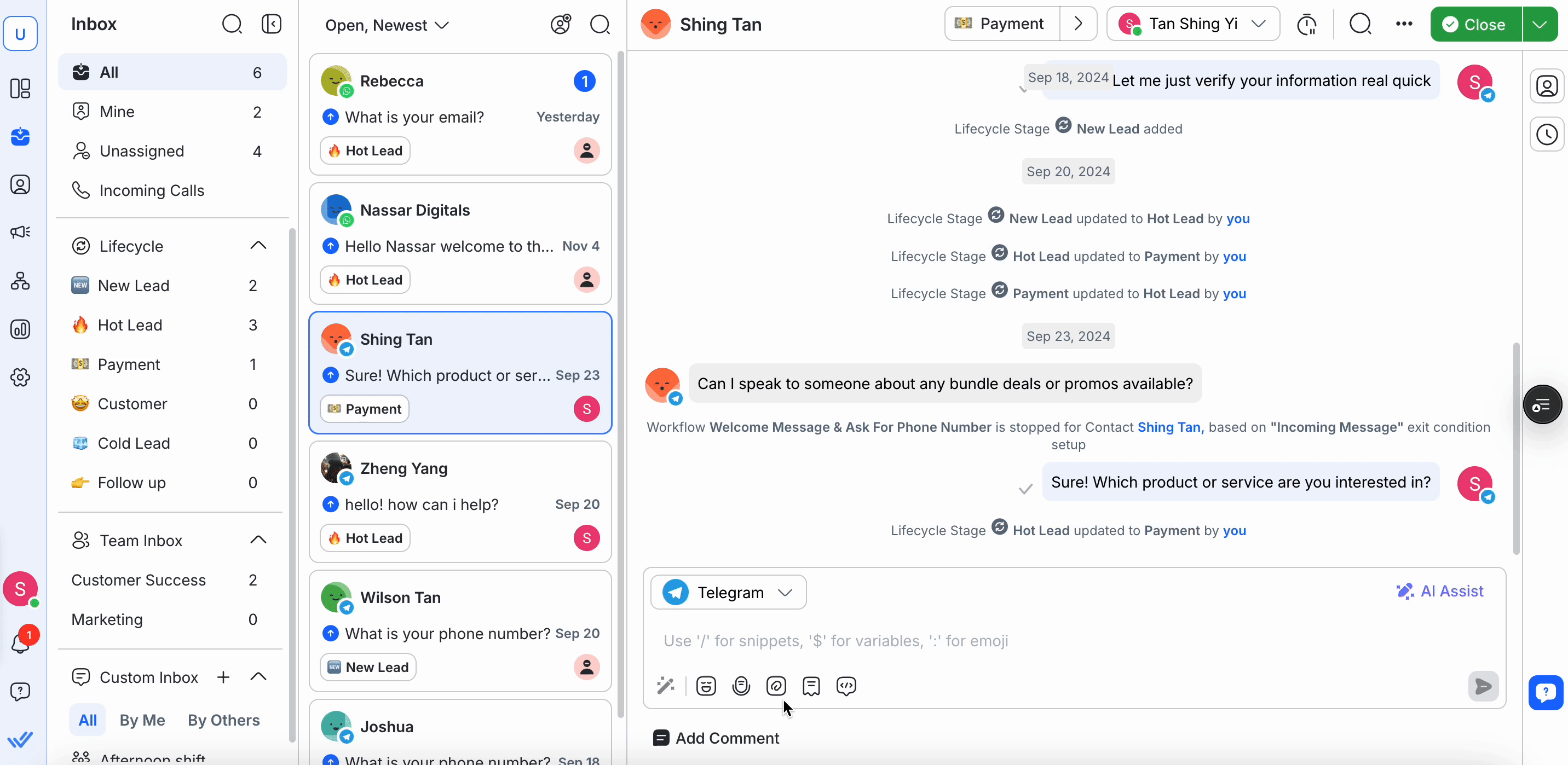 Gif showing respond.io's WhatsApp API team inbox for multiple users