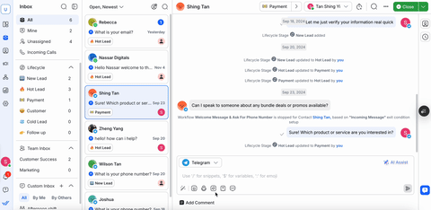 Gif showing respond.io's WhatsApp API team inbox for multiple users