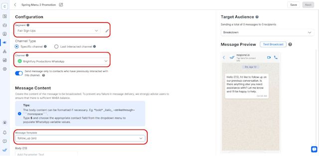 A screenshot of configuring a scheduled message on WhatsApp through respond.io