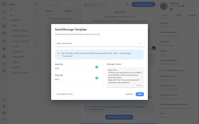This is an image on how to use Message Template for WhatsApp sales. A Message Template reopens WhatsApp API’s Messaging Window, allowing you to follow up with a prospect after 24 hours. Alternatively, import leads to a WhatsApp Inbox and use Message Templates to send them the first outbound message. 