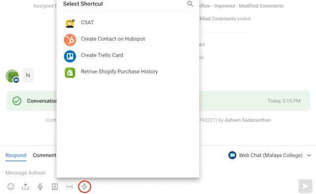 Image showing how Agents can manually send a CSAT survey using the Shortcut button on respond.io