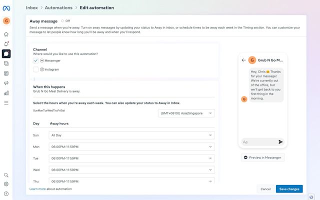 This is an image that shows how set Up an Instant Reply in Facebook Page Inbox. First, navigate to Away Message in Automations. Then, check Messenger as the preferred channel by checking the box.
