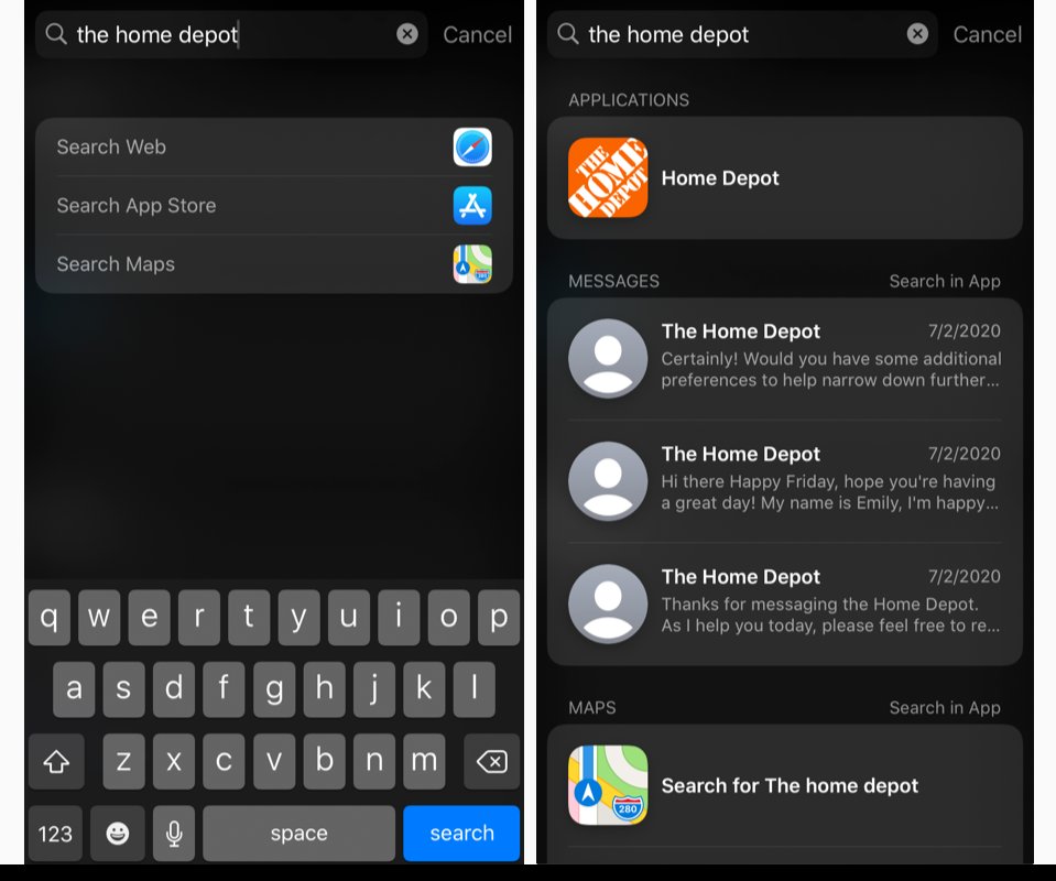 Le immagini di cui sopra mostrano i risultati suggeriti per The Home Depot quando cercato su un dispositivo iPhone. L'immagine a sinistra è ciò che è venuto in su quando abbiamo cercato The Home Depot prima che avessimo messaggiato con loro su Apple Business Chat e prima che avessimo scaricato l'app dell'azienda. L'immagine a destra mostra i nostri risultati di ricerca dopo averci messaggiato con l'azienda, fornire un modo per vedere i messaggi che avevamo ricevuto da loro, così come una scorciatoia per l'app della società dopo averlo scaricato.