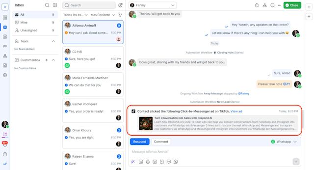 On respond.io, you can track which TikTok Messaging Ad led to a conversation in the Inbox Module