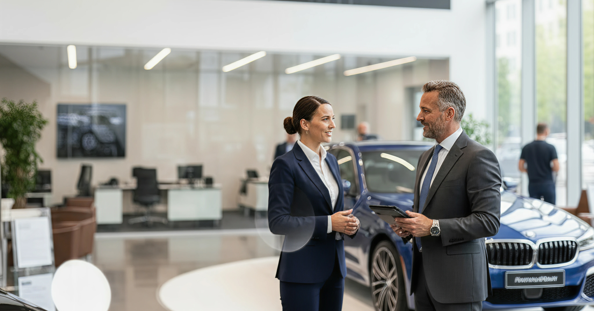 A car salesperson and a customer on a showroom floor