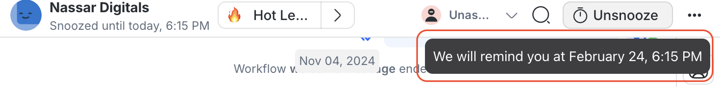 The hover tooltip shows unsnooze timestamp