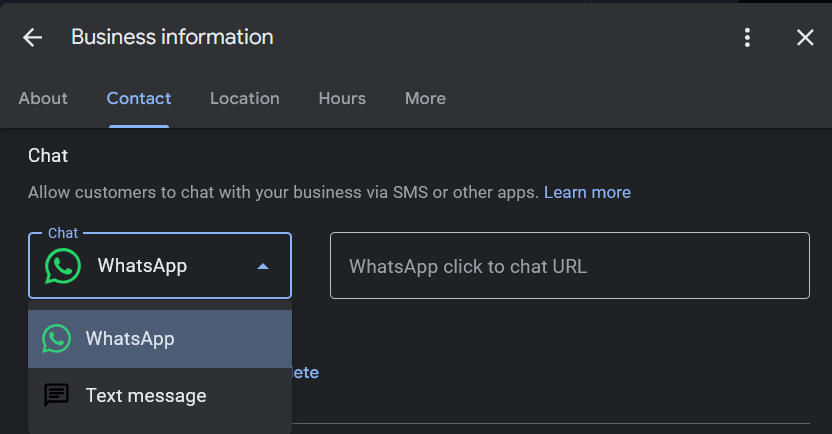 ภาพหน้าจอของเมนูตัวเลือกการแชทบน Google My Business.