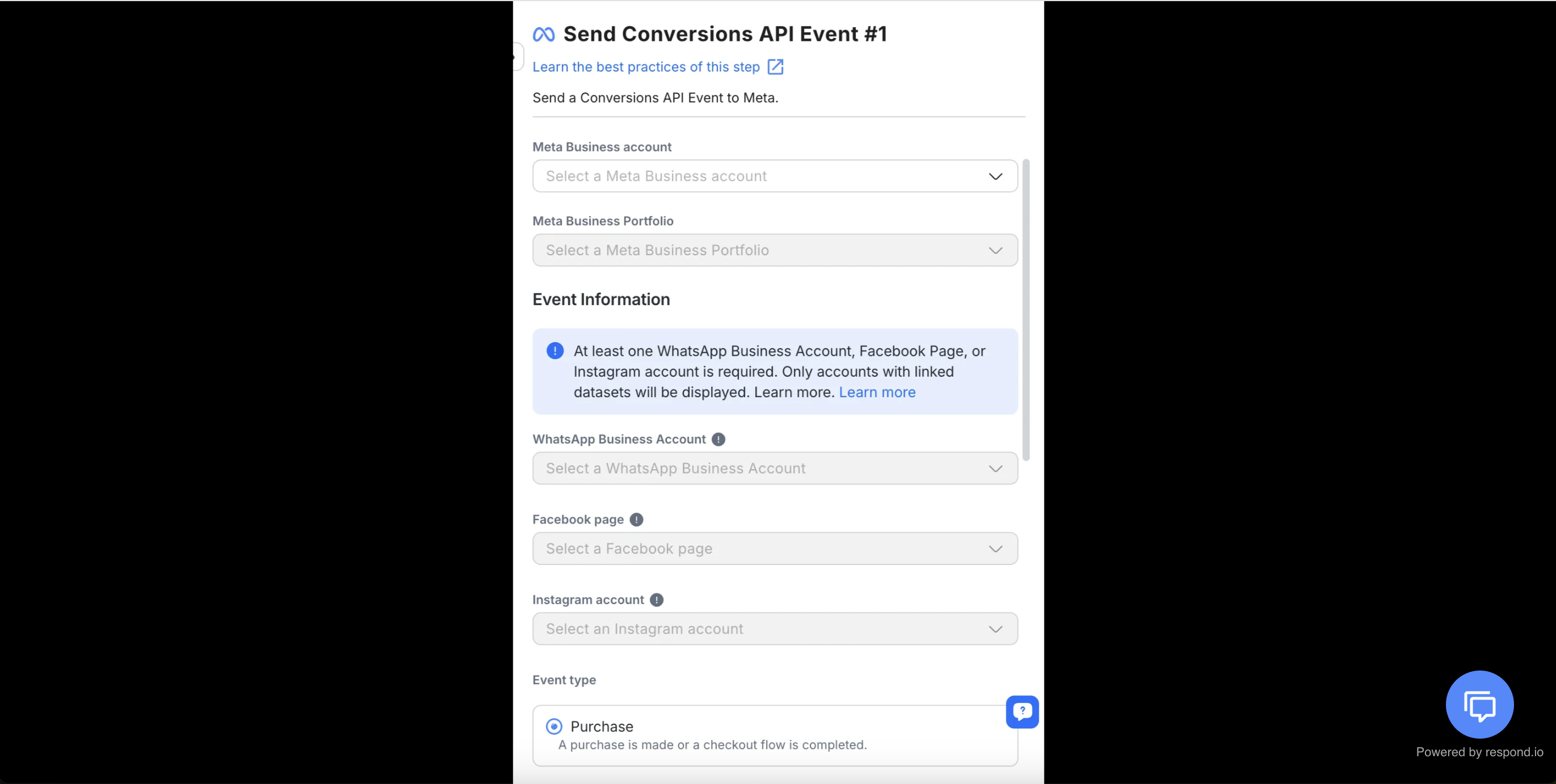Screenshot showing how to set up Meta Conversion API (CAPI) on respond.io