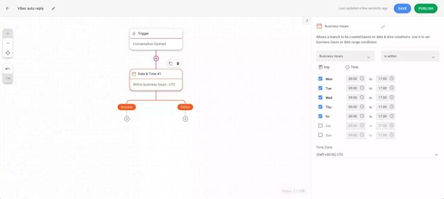 This is a screenshot of the third step of setting auto reply in viber. Here, you need to add your business hours to the workflow.