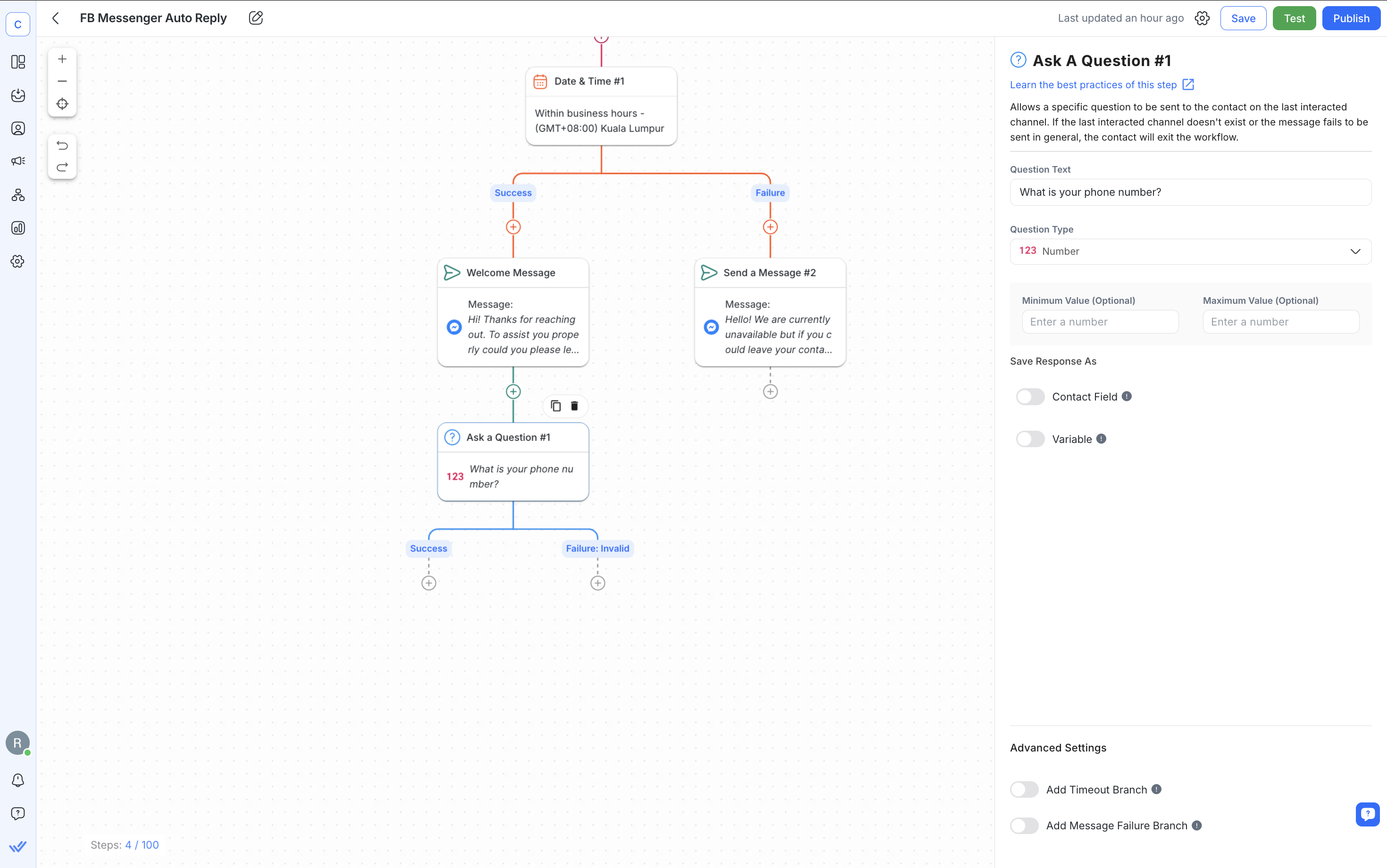 Image depicting the ask a question step in respond.io's workflows module