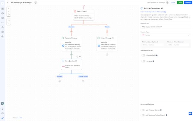 Image depicting the ask a question step in respond.io's workflows module