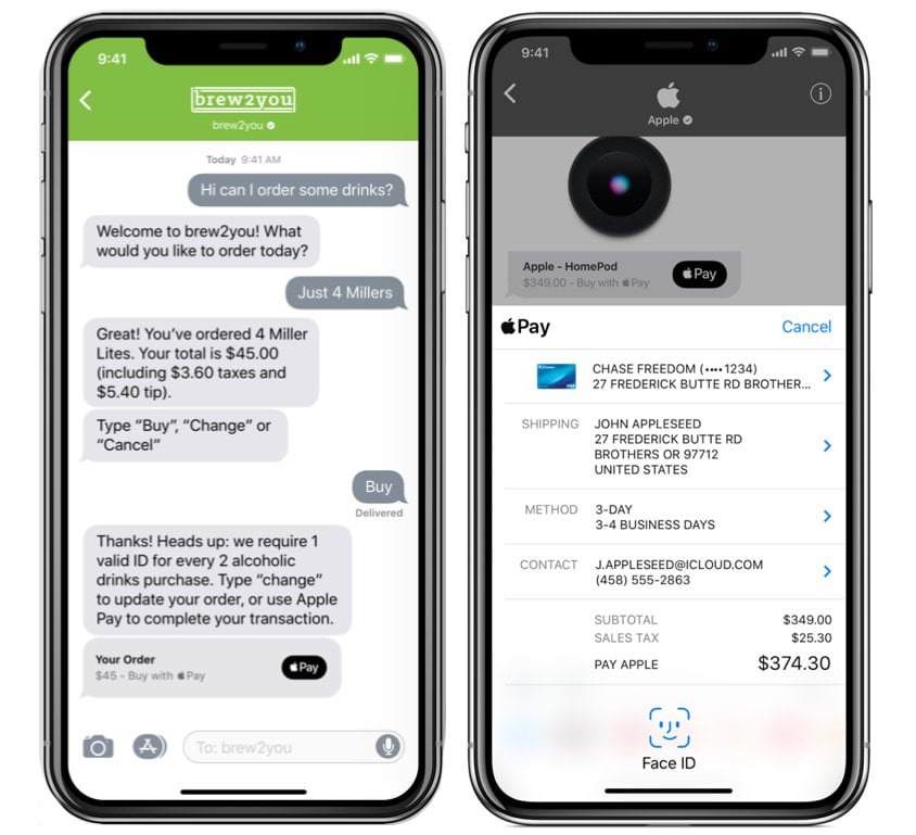 Quando una società invia una richiesta di pagamento, apparirà come una normale bolla di chat e includerà un logo Apple Pay. Il cliente può toccare il messaggio per compilare un modulo di pagamento Apple Pay che si aprirà all'interno della chat.