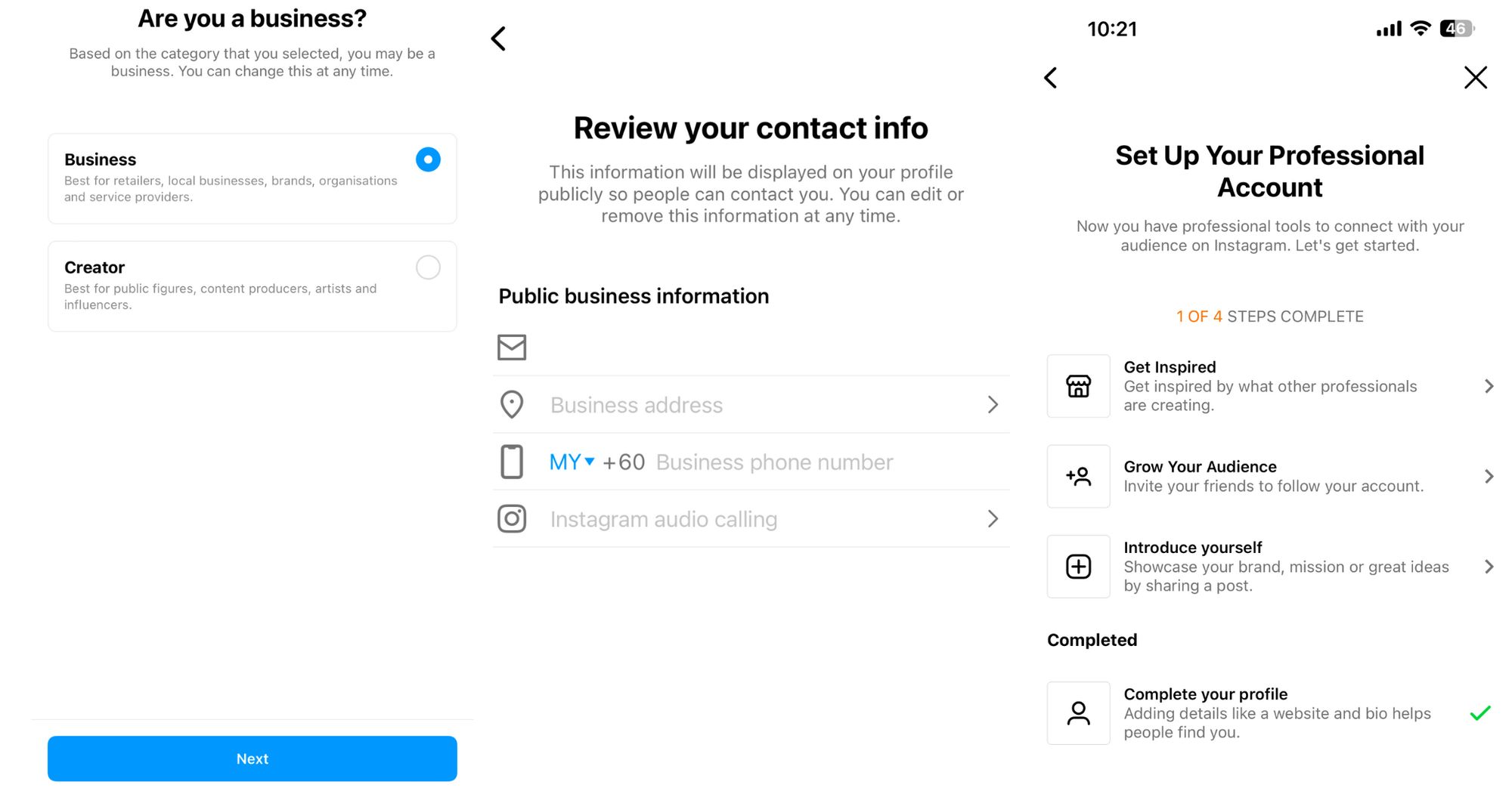 This is an image that describes how do i switch to a business account on instagram. On the next page, select Business and click Next. Now it’s time to review your contact information. Make sure everything is correct before clicking Next. Finally, click the X in the top-right corner to return to your profile. And you’re done! 