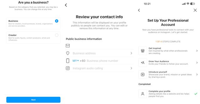This is an image that describes how do i switch to a business account on instagram. On the next page, select Business and click Next. Now it’s time to review your contact information. Make sure everything is correct before clicking Next. Finally, click the X in the top-right corner to return to your profile. And you’re done! 
