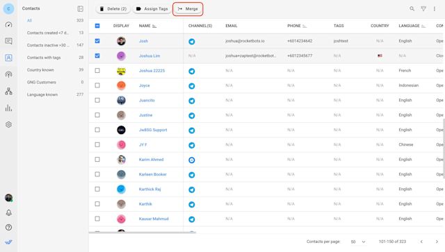 This is a screenshot that shows how you can use contact merge function on respond.io to recognize returning contacts and merges customer profiles and conversation histories into a single thread. 