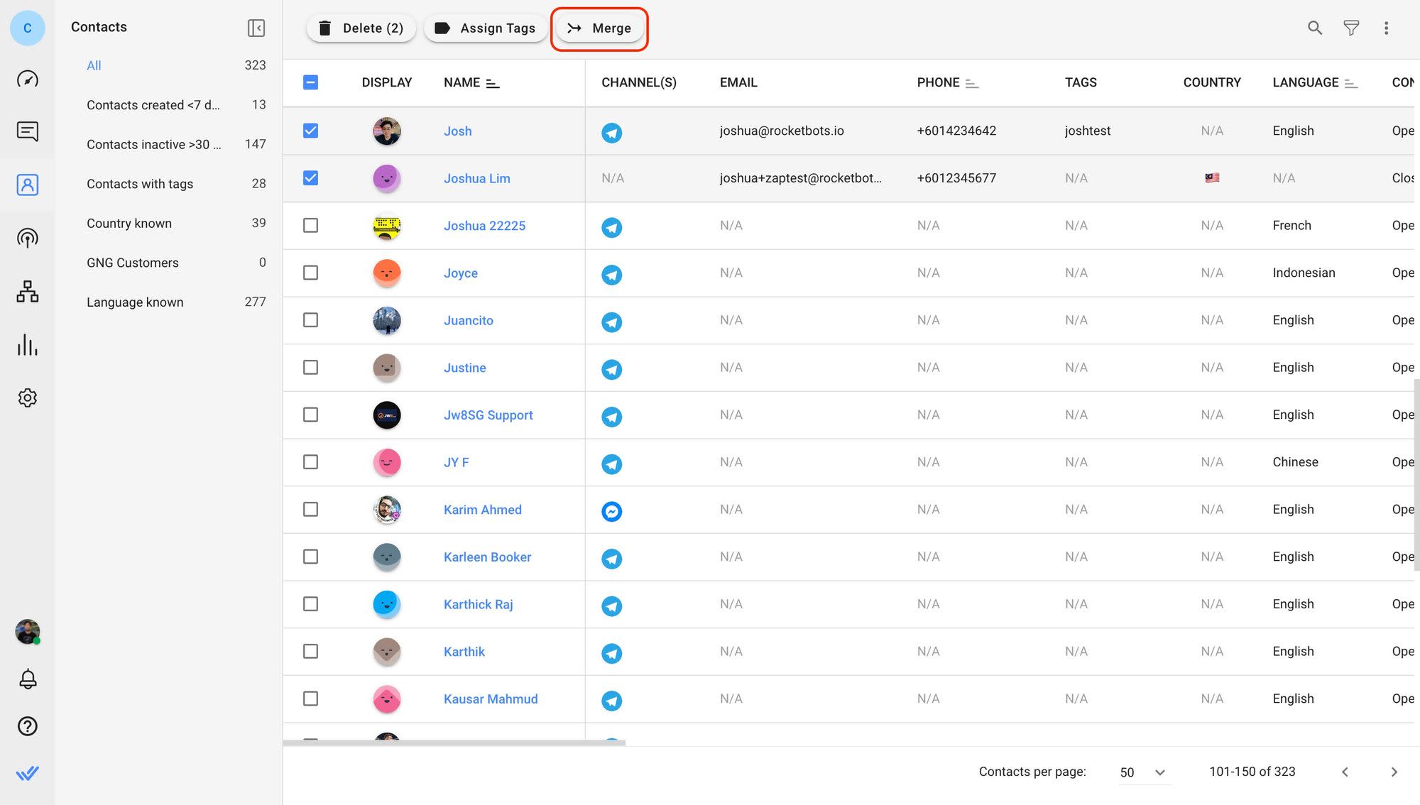 這是一張螢幕截圖，展示如何使用 respond.io 上的聯絡人合併功能來識別傳回的聯絡人並將客戶資料和對話歷史記錄合併到單一執行緒中。 