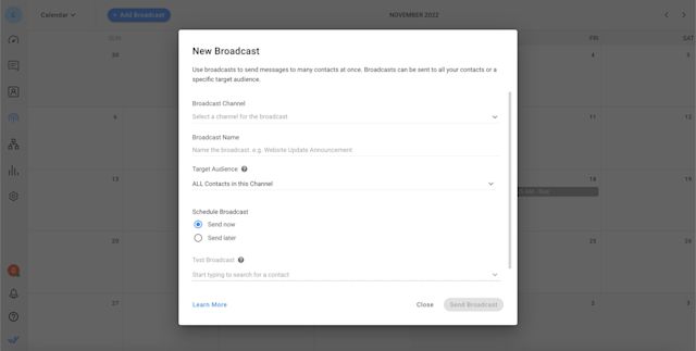 A screenshot of setting up a new broadcast message on respond.io