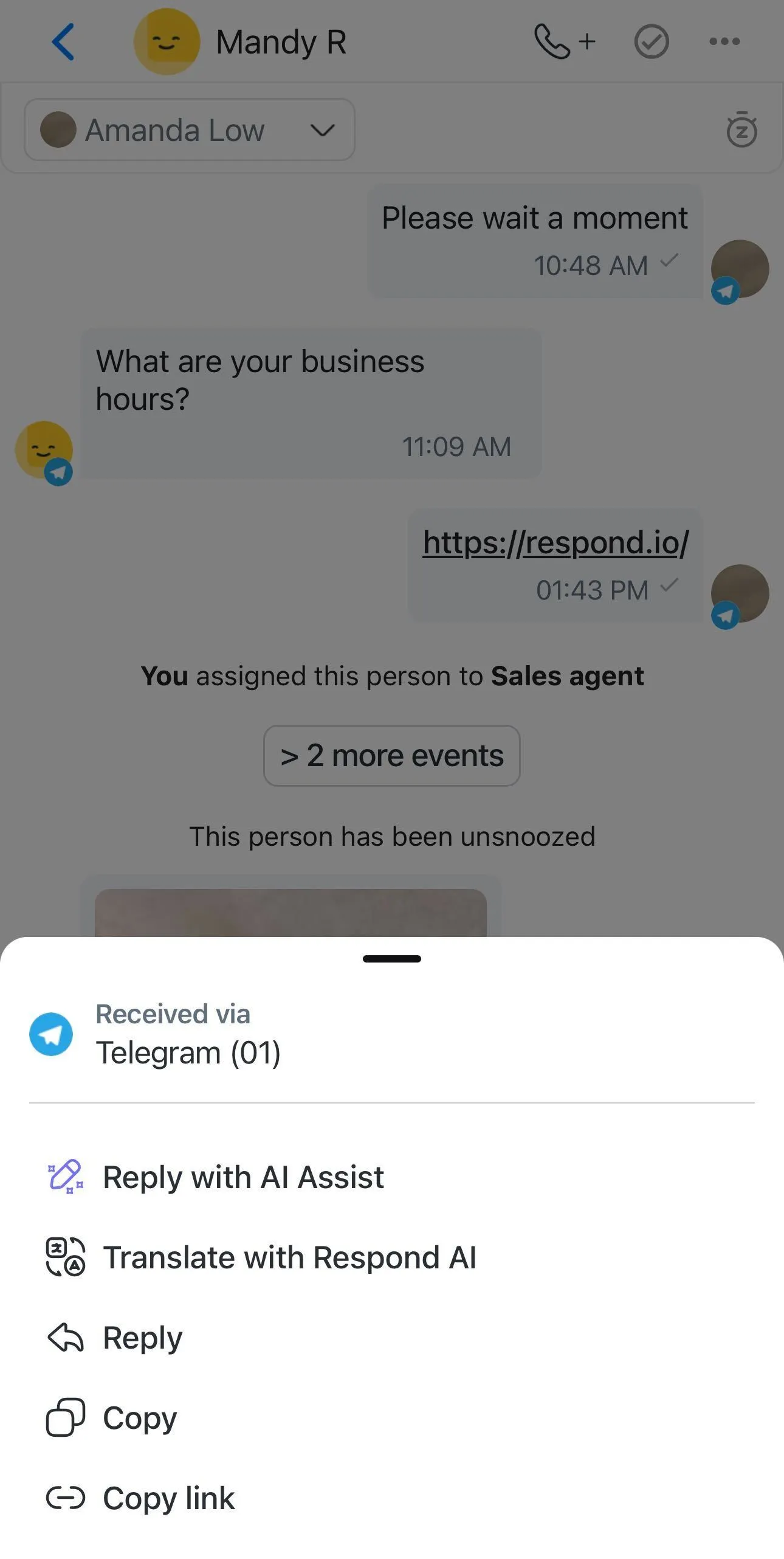 The message actions menu in mobile app.