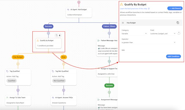 screenshot showing an example of how to use an AI agent workflow to qualify leads 