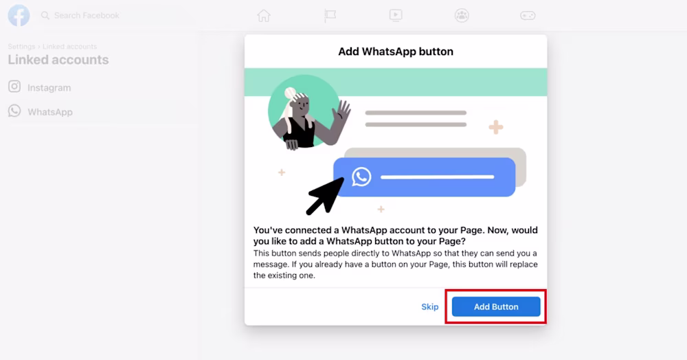 لقطة شاشة تظهر كيفية إضافة زر WhatsApp على صفحة فيسبوك