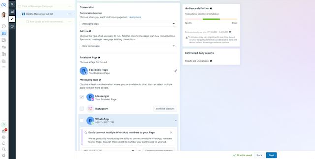 This image shows how to create Messenger ads Facebook in the Meta Ads Manager. Select Click to Message as the ad type and Messenger as the messaging app.