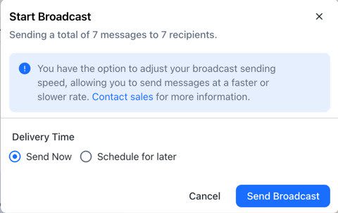 A screenshot of a pop up window to send or schedule a WhatsApp bulk message