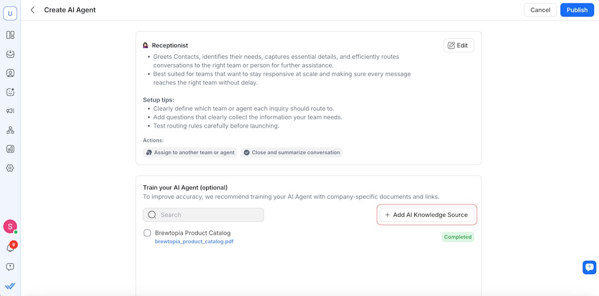 Image depicting how to add knowledge sources for AI agents