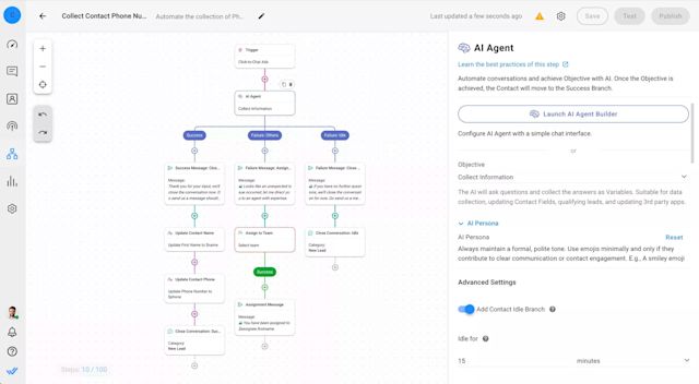 This image shows how to Create and train the respond.io AI Agent to handle inquiries and gather lead information efficiently. The AI Agent Builder allows you to customize your AI agent through interactive dialogues, ensuring it aligns perfectly with your operational goals.