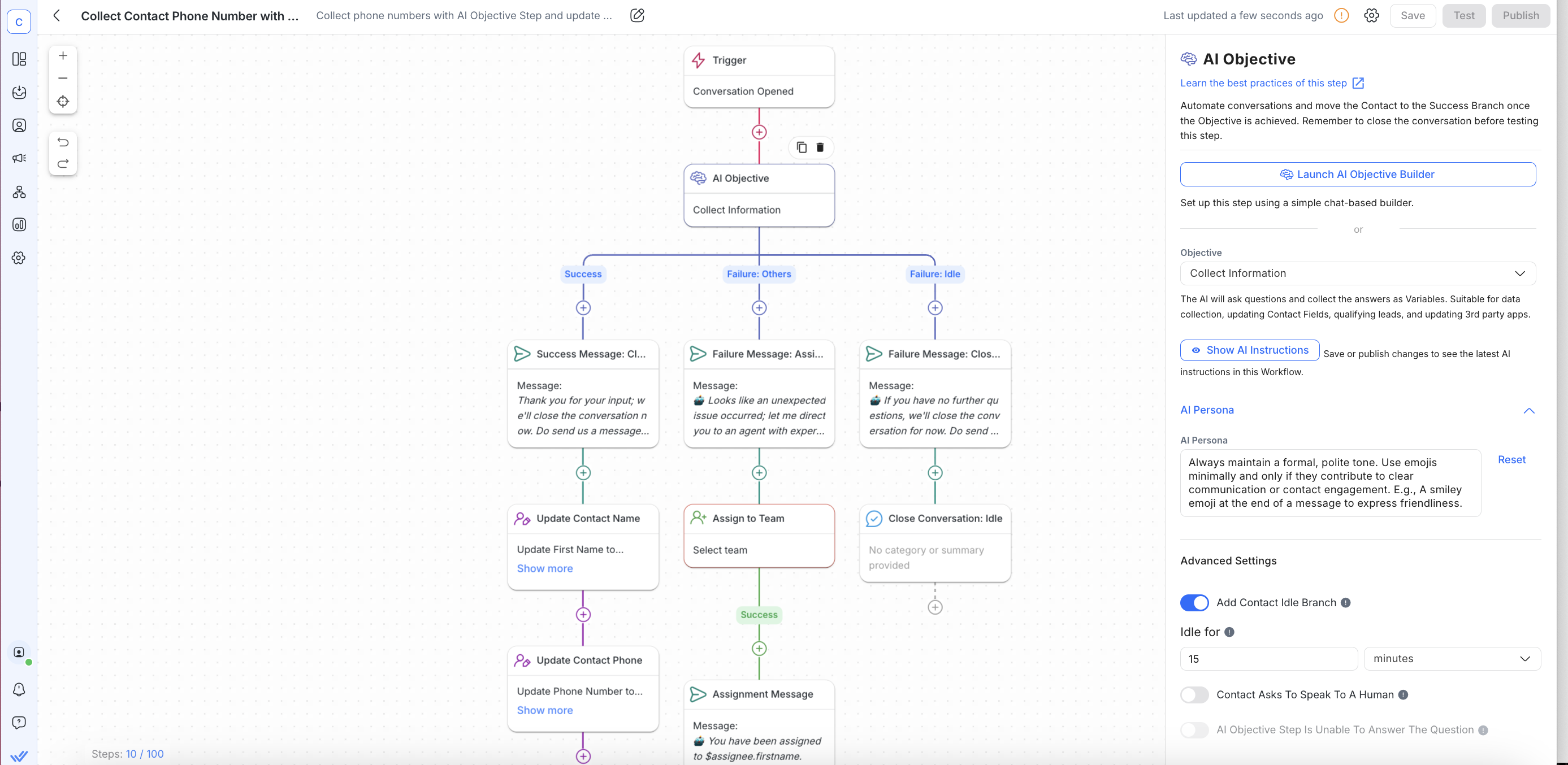 وتبين هذه الصورة كيفية إنشاء وتدريب وكيل الرد على الاستفسارات وجمع المعلومات الرئيسية بكفاءة. يتيح لك AI Objective Builder تخصيص وكيل الذكاء الاصطناعي الخاص بك من خلال الحوارات التفاعلية، مما يضمن توافقه تمامًا مع أهدافك التشغيلية.