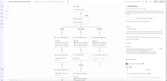 This image shows how to Create and train the respond.io AI Agent to handle inquiries and gather lead information efficiently. The AI Objective Builder allows you to customize your AI agent through interactive dialogues, ensuring it aligns perfectly with your operational goals.