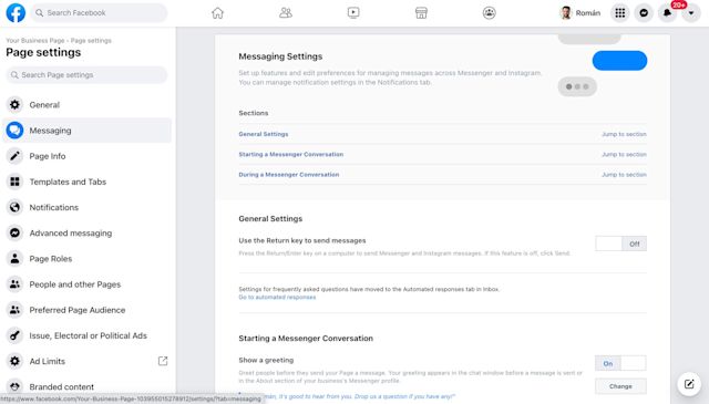 how to set up a welcome to Facebook message