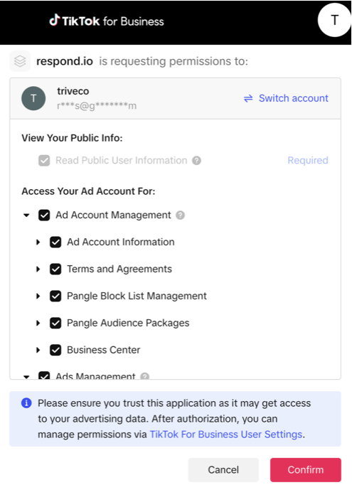 A screenshot of the connection page to TikTok for integration
