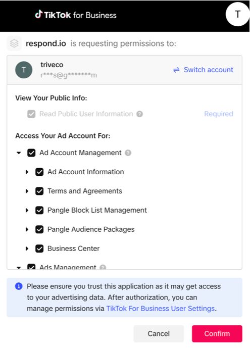 A screenshot of the connection page to TikTok for integration
