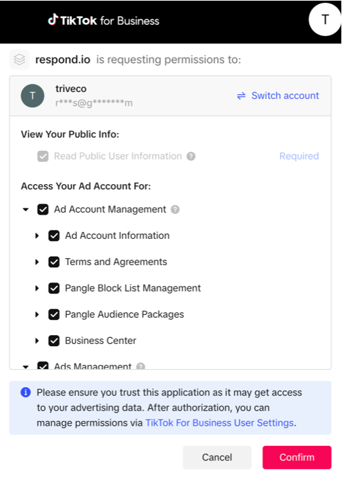 A screenshot of the connection page to TikTok for integration
