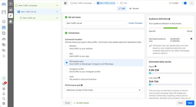 3. Choose Messaging apps as your conversion location. This will drive traffic to Messenger, Instagram and WhatsApp.