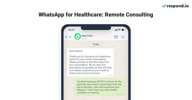 This image shows WhatsApp usage healthcare. Open-ended questions are questions that allow patients to provide qualitative information in their own words. Healthcare providers can use Workflows to set up open-ended questions to collect information about patients' symptoms.