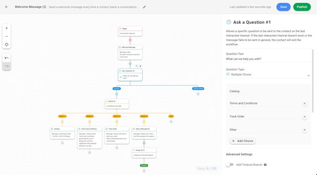 This image shows how to send an automated question to customers who contact you via WhatsApp. This is possible with WhatsApp automation API and respond.io's Workflows.