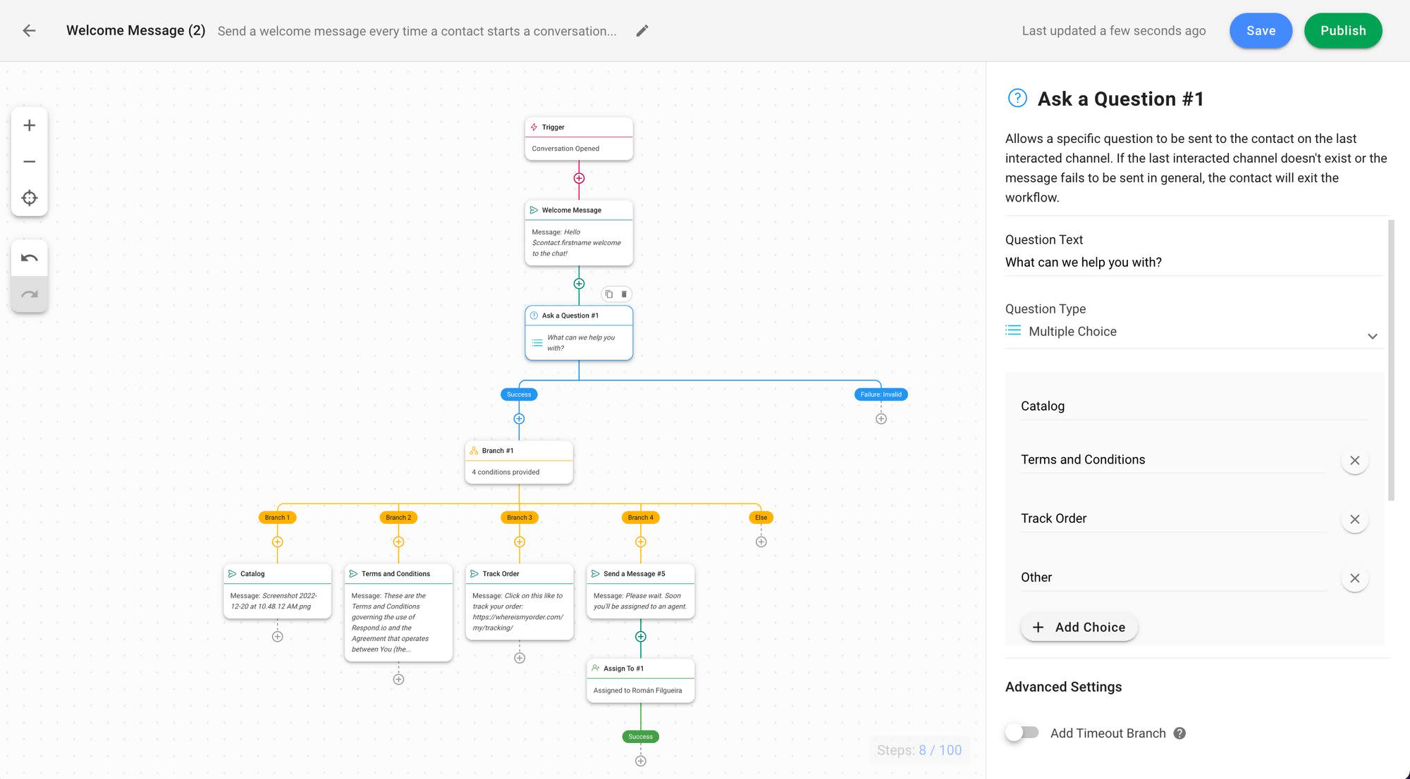 This image shows how to send an automated question to customers who contact you via WhatsApp. This is possible with WhatsApp automation API and respond.io's Workflows.