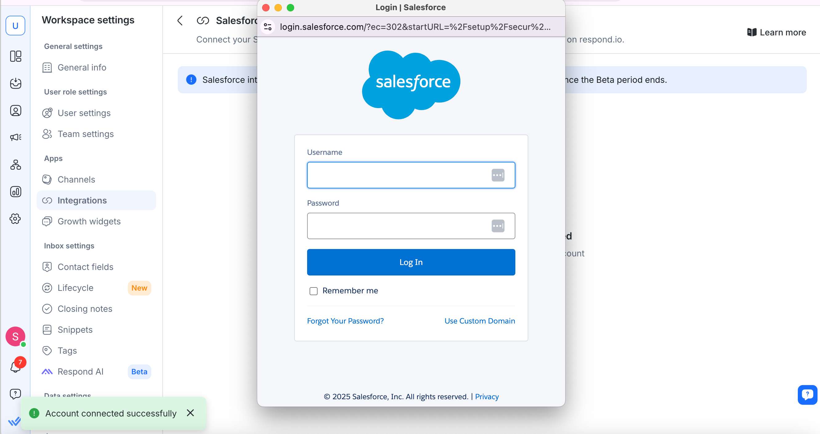 Una captura de pantalla que muestra la ventana de inicio de sesión de Salesforce