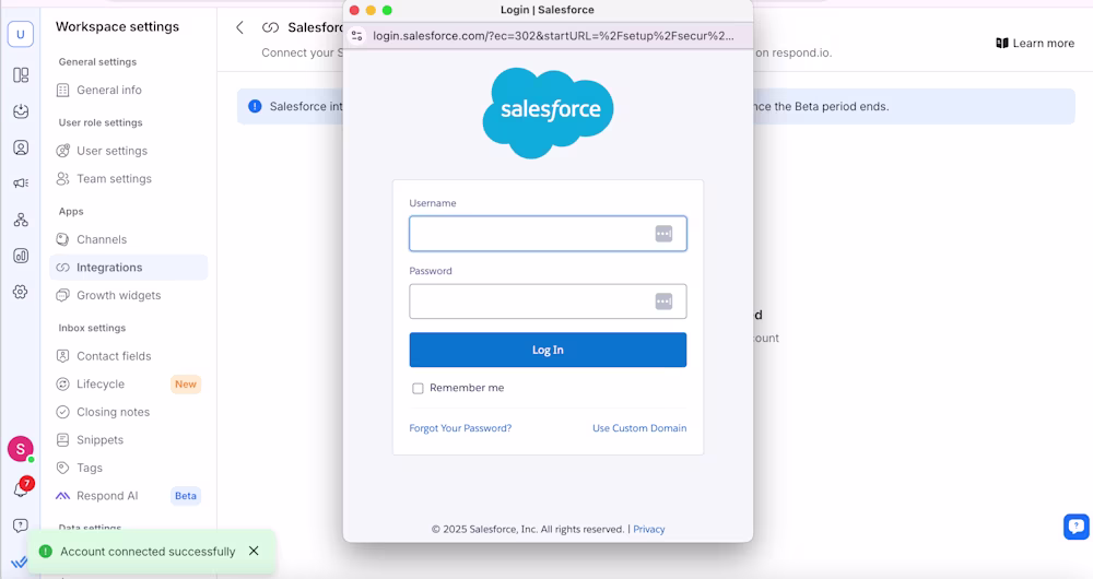 A screenshot showing the Salesforce login window